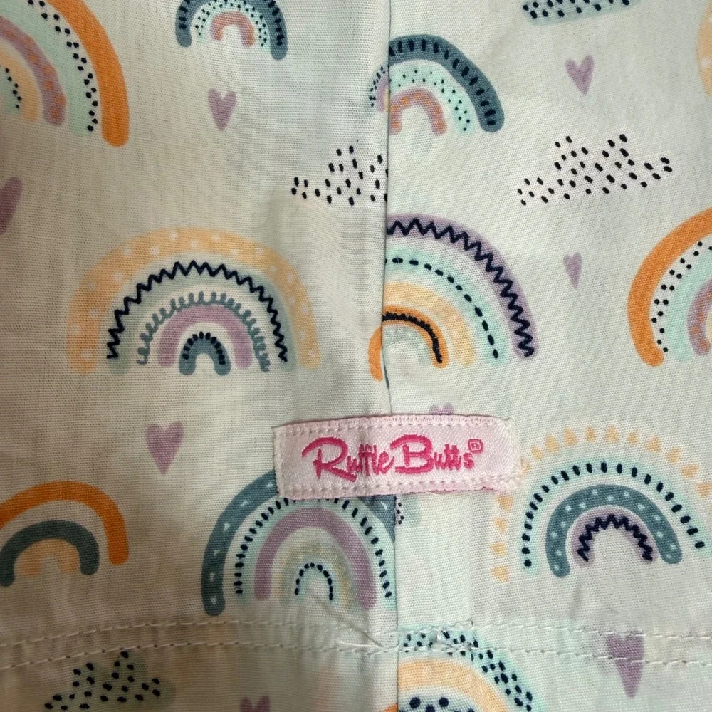 RuffleButts Girls Rainbow Print Dress Size 8 Ruffle Sleeve Cotton Pastel Spring